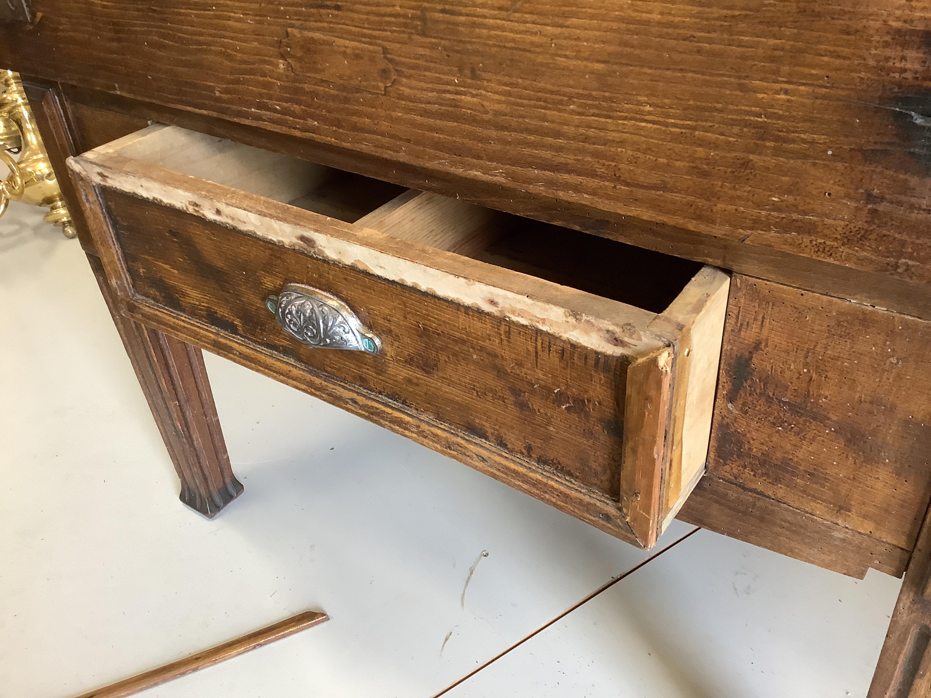 A 19th century French pine and fruitwood butchers block, (evidence of worm, may need treating) width 100cm, depth 60cm, height 80cm